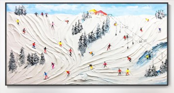 Impressionismus Werke - Skifahrer auf Schneebedeckter Berg Wandkunst Sport Weißer Schnee Skifahren Zimmerdekoration von Messer 15